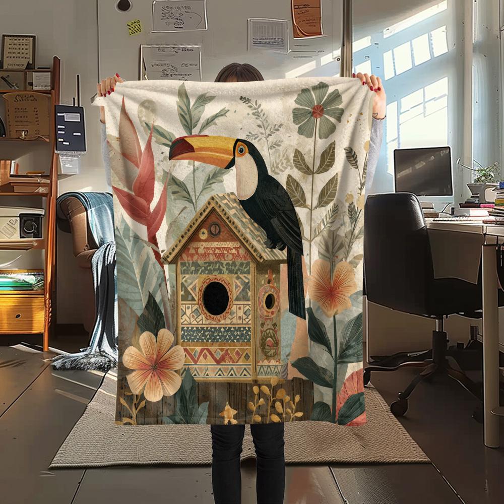 Flower Birds Print Flannel Blanket, High quality Comfortable for All Seasons, Home Decor, Warmth and Comfort