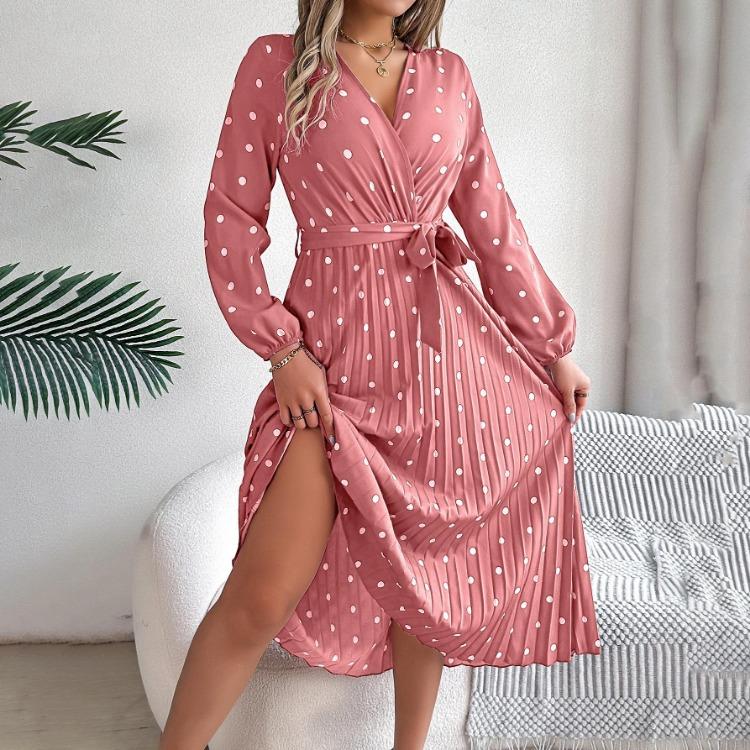 Женское платье А-силуэта с длинным рукавом, длинное, с завышенной талией, в горошек, плиссированное, осенне-зимняя мода