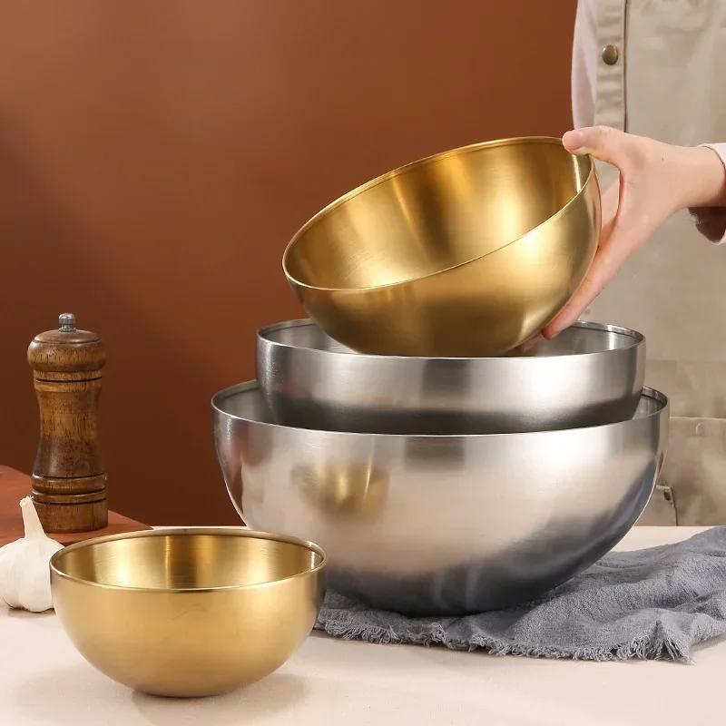 15-25cm Korean 304 Stainless Steel Salad Bowl Ice Cream Soup Noodle Round Golden Silver Bowl Kitchen Tableware Food Container