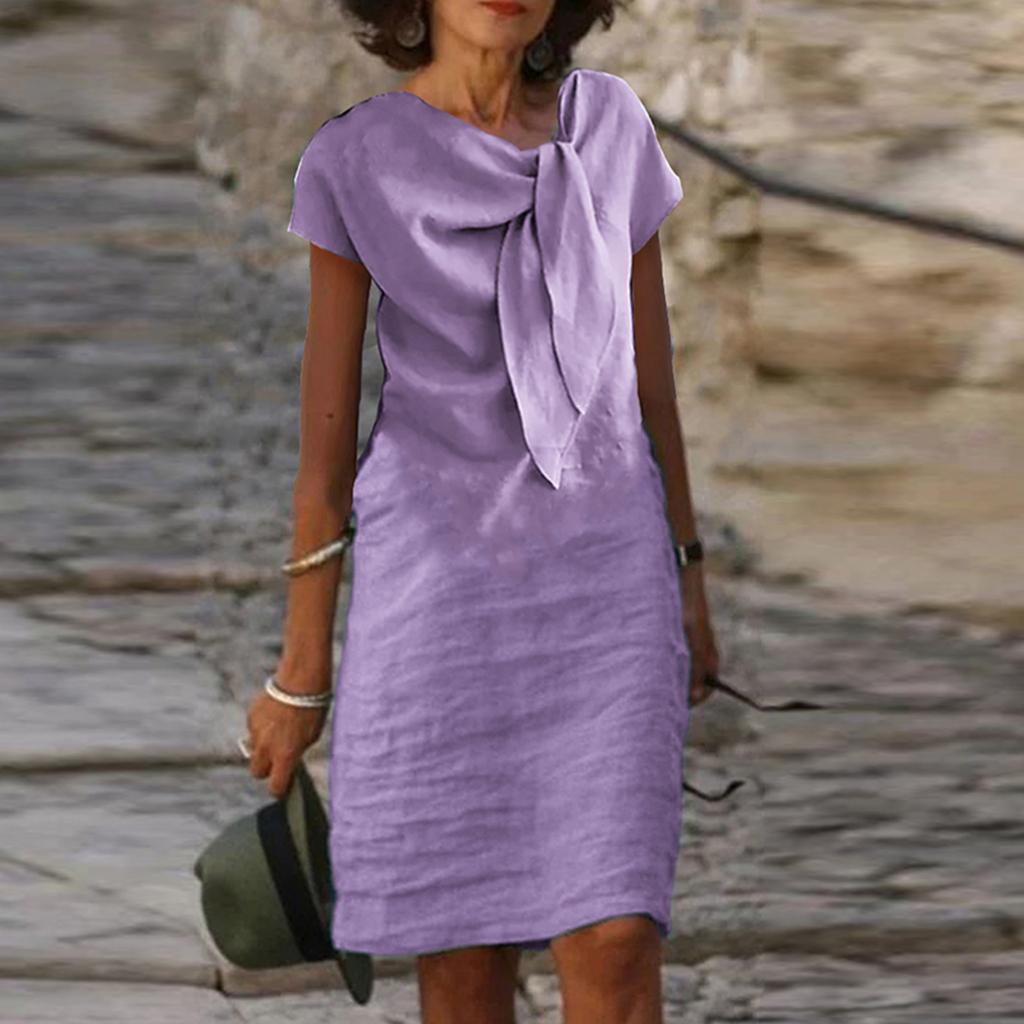 Fashion High Street Straight Loose Mid Dress Vintage O Neck Bow Tie Party Dresses Casual Office Lady Short Sleeved A-line Dress