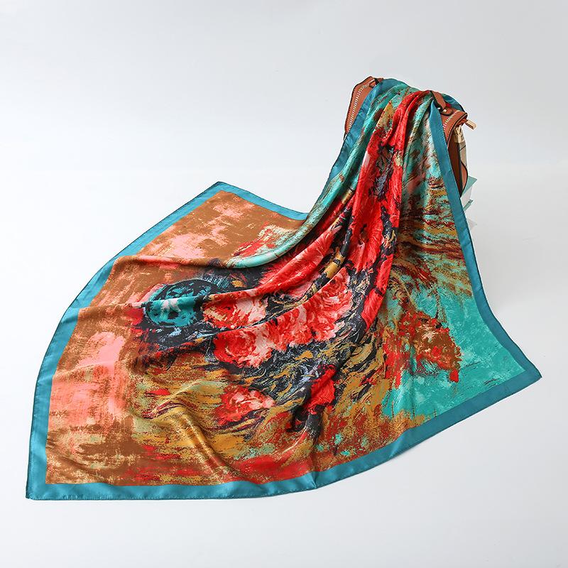 Women Fashion Square Vintage Print Satin Neckerchief Sun-Proof Scarf Scarves Shawl High Quality 1PC 90*90cm