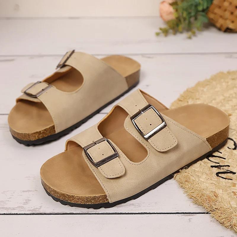 Fashion Double Buckle Flat Slippers Women 2025 Summer Suede Platform Sandals Woman Outdoor Cork Footbed Non Slip Sandal Plus Size 43