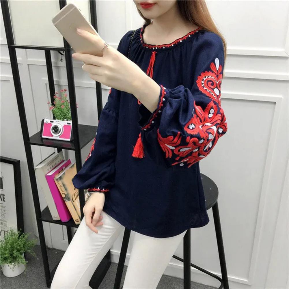 Summer Shirt Women Ethnic Style Embroidered Pattern Pullover Tops Round Neck Lantern Sleeve Loose Fit Blouse