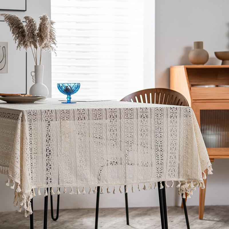 White Lace Embroidered Cotton Linen Tablecloth with Fringe Decoration for Dining Table Tea Table Cover