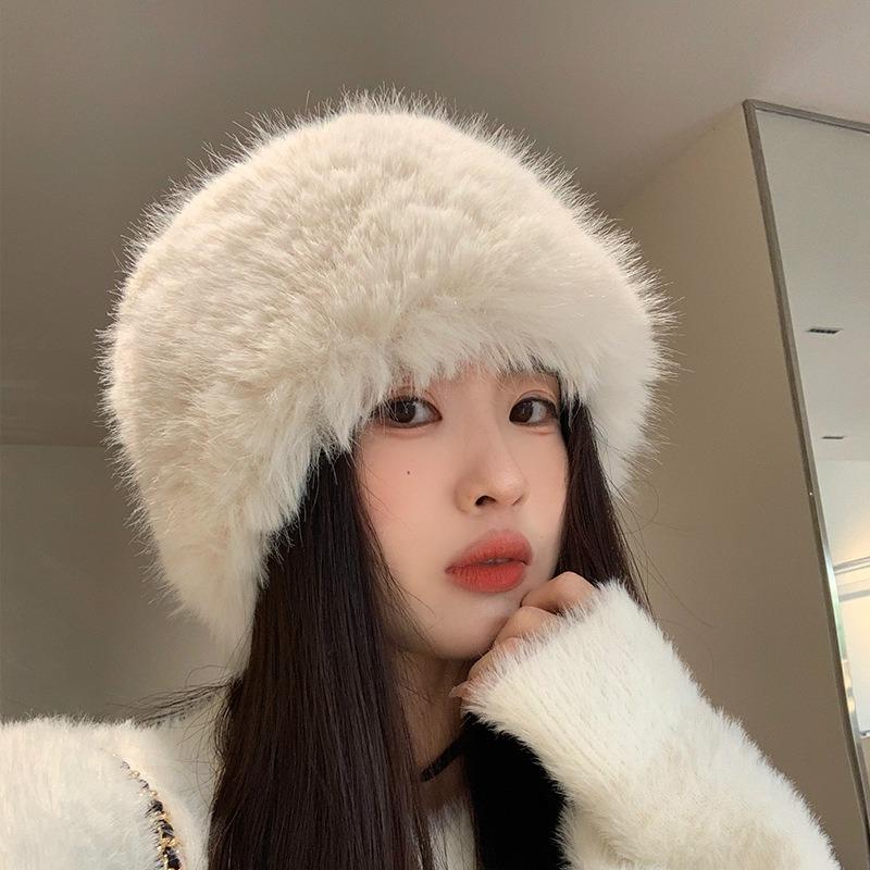 High Sense Imitation Fur Mink Fluffy Bucket Hat Female Lady Wind Big Head Circumference Plush Hat Winter Warm Pullover Hat