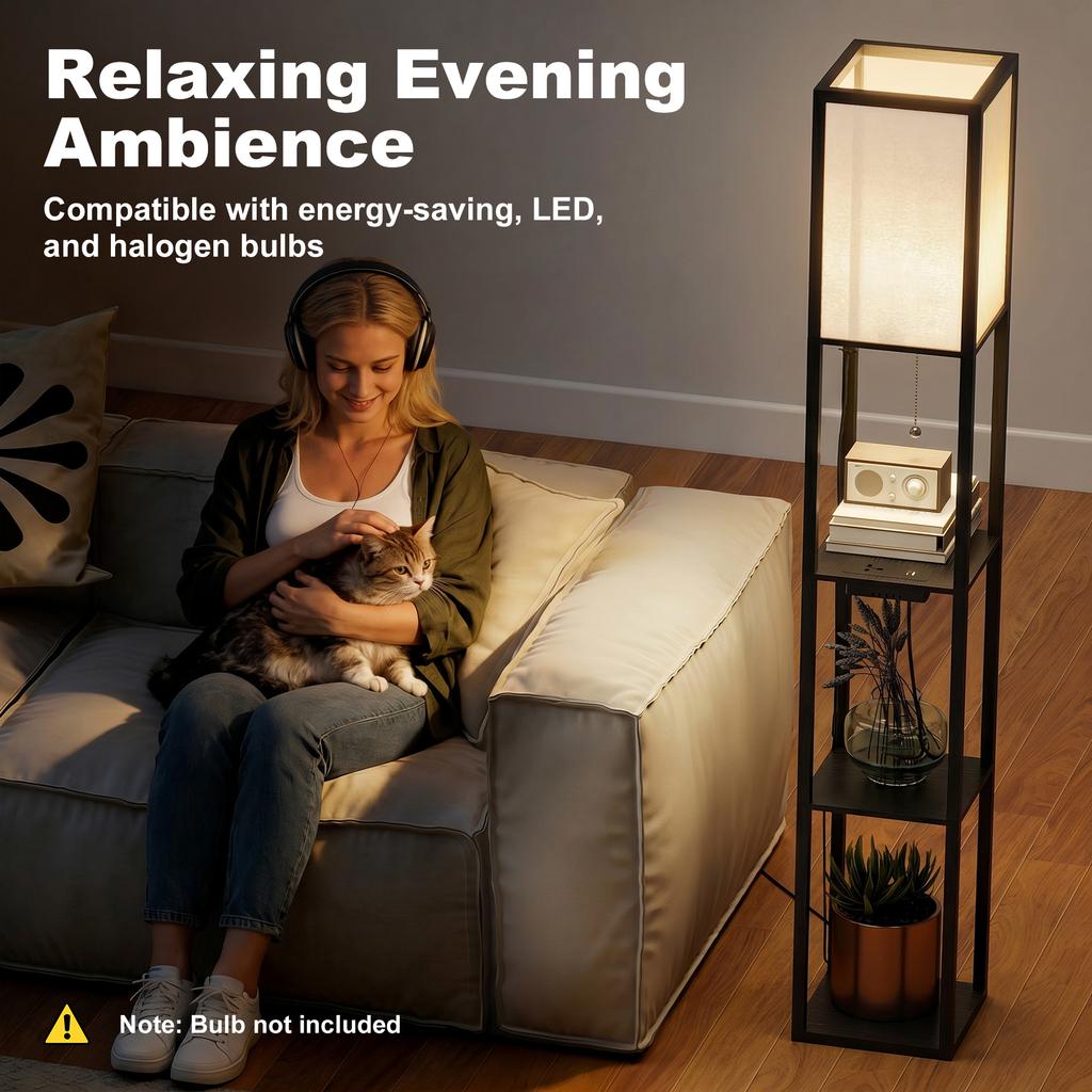 LED Floor Lamp with Shelves, Dimmable, Pull-Chain Switch & Outlets, Black