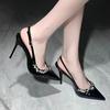 Extravagant! Qianjin~ Temperament Nude Patent Leather Pointed Head Thin Heel Light Mouth Single Shoes Women's Back Empty Autumn and Winter Rhinestone