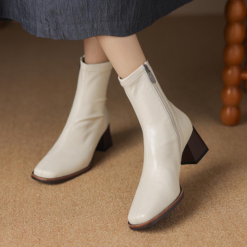 Krazing Pot Microfiber Autumn Winter Shoes Thick High Heels Chelsea Boots Square Toe Keep Warm Zipper Ankle Boots