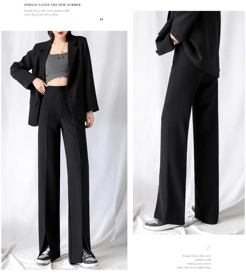 Женские брюки-костюмные микроклеш с разрезом и широкими штанинами с высокой посадкой на осень 2024 года - Универсальные, стройнящие, повседневные брюки