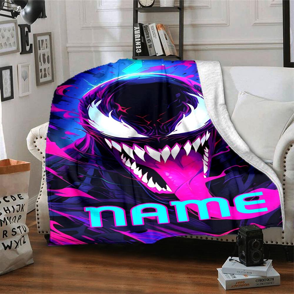 Venom Character With Vibrant Neon Colors And The Word Displayed Below It Multipurpose Personalized Blanket Personalized Text Comfortable Texture