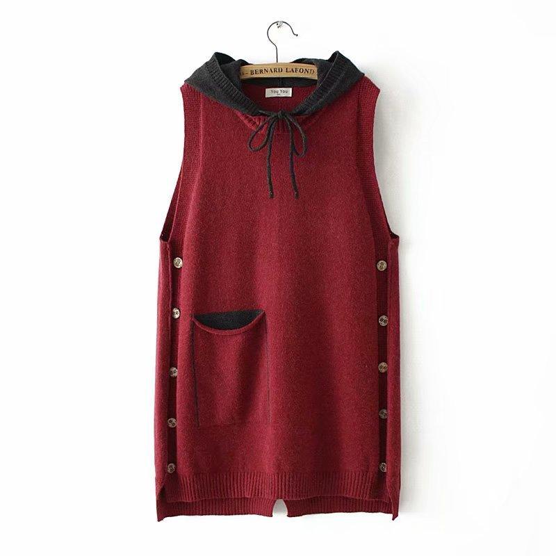 Casual Hooded Knitted Vests Plus Size Women Spring Autumn Outerwear Pockets Loose Sleeveless Vest