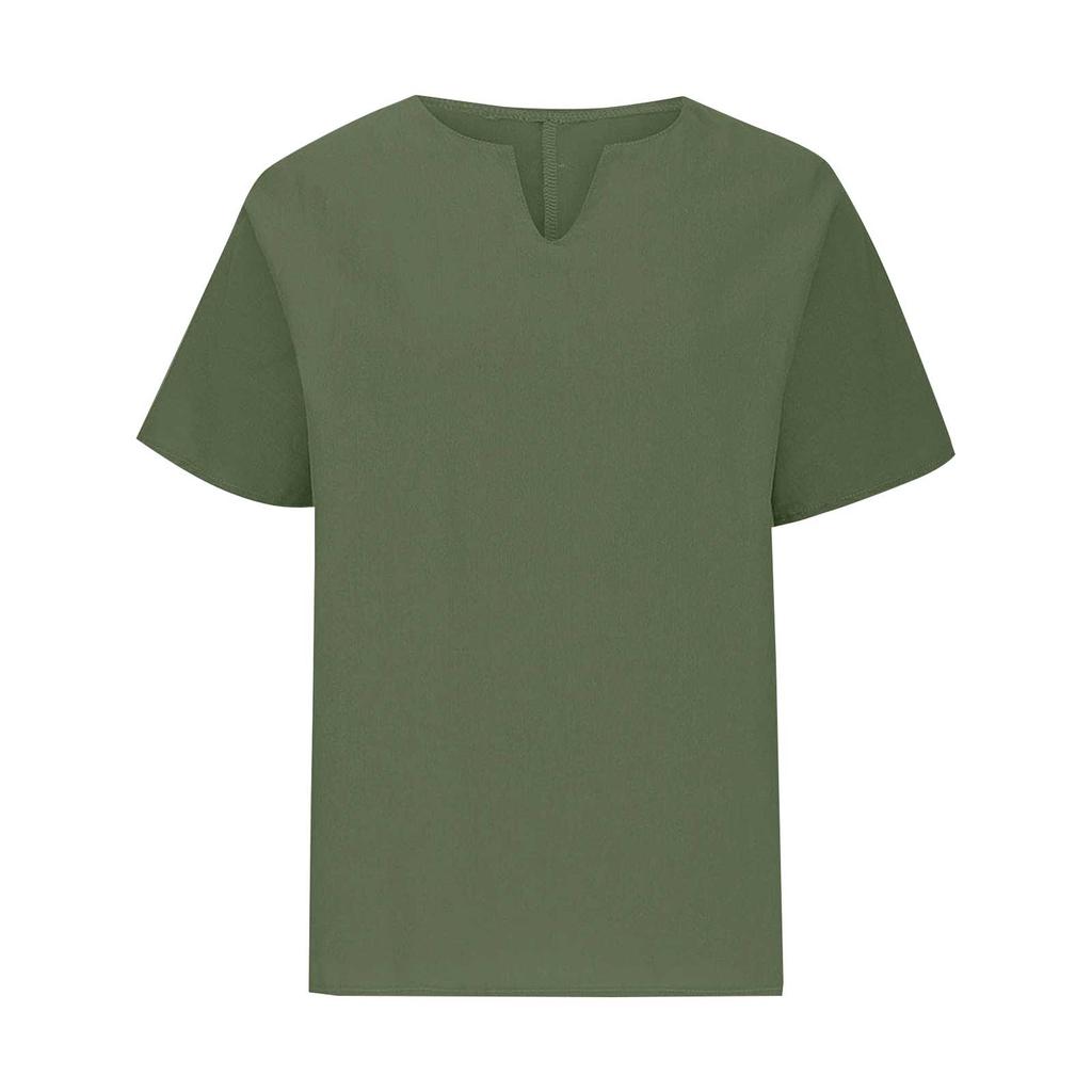 Women's Fashion Short Sleeve V-Neck Solid Colour Loose Casual Shirt Cotton Blouse