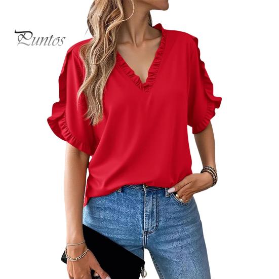 Женская рубашка с V-образным вырезом, оборками, рукавами-лепестками, однотонные топы свободного кроя, повседневная офисная дорожная рубашка