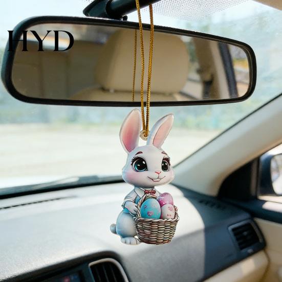 Festive Easter Accessory Bunny Ornament 2D Flat Acrylic Car Rearview Mirror Charm Cartoon Spring Holiday Egg Hanging Pendant for Home Office