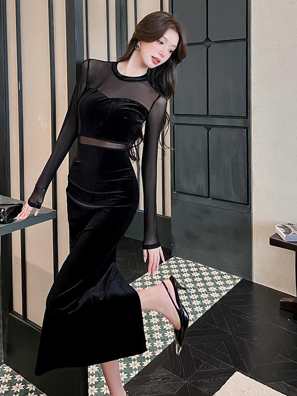 Осеннее сетчатое платье с длинными рукавами, приталенное, с разрезом