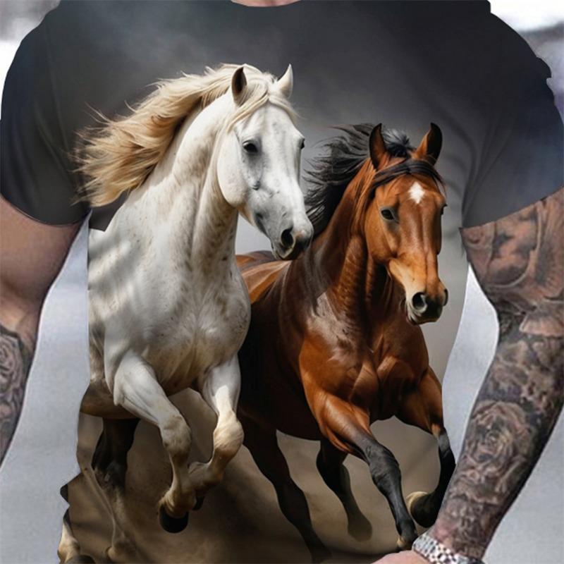 3D Majestic Horse Printing Round Neck Street Fashion T-Shirt Трехмерная печать Horse Мужская креативная футболка с короткими рукавами