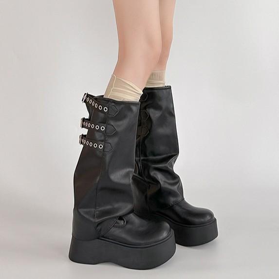Нишевая пряжка ремня классическая мода толстая подошва увеличивающие брюки ботинки женские 2025 осень и зима новые но до колена рыцарские ботинки