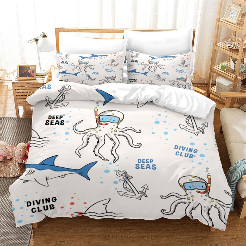 3D Blue Ocean Sharks Duvet Cover with Pillow Cover Bedding Set Single Double Twin Full Q-Queens King Size Bed Set for Bedroom Decor