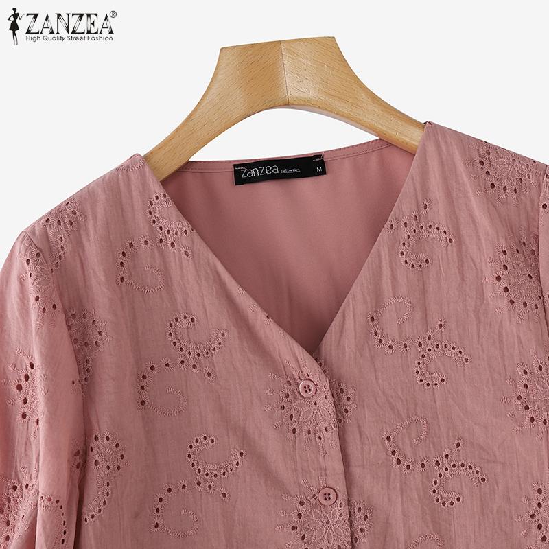 ZANZEA Женские летние кружевные рубашки с V-образным вырезом и рукавом-фонариком 3/4