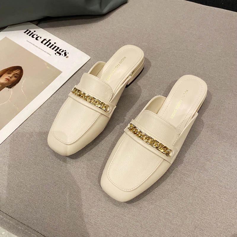 Модные летние закрытые тапочки женские толстые низкие каблуки мюли сплошные кожаные шлепанцы женские повседневные шлепанцы уличные туфли женские сандалии