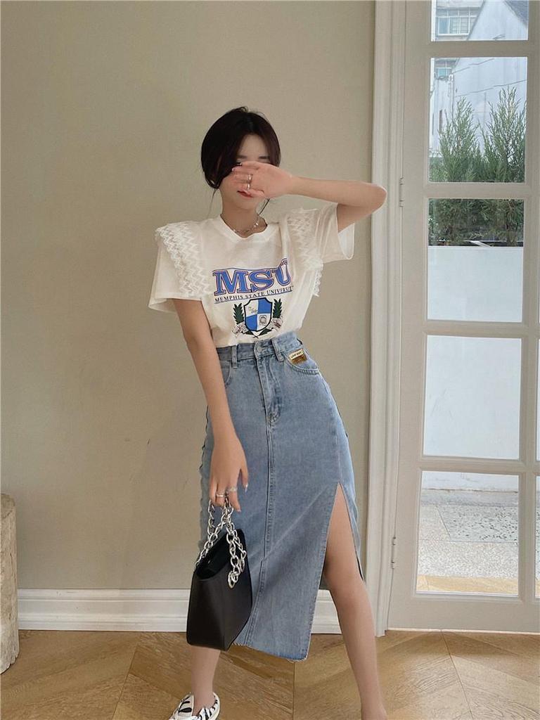 2021 Women's High Waist Slim Fit Denim Midi Skirt with Side Slit