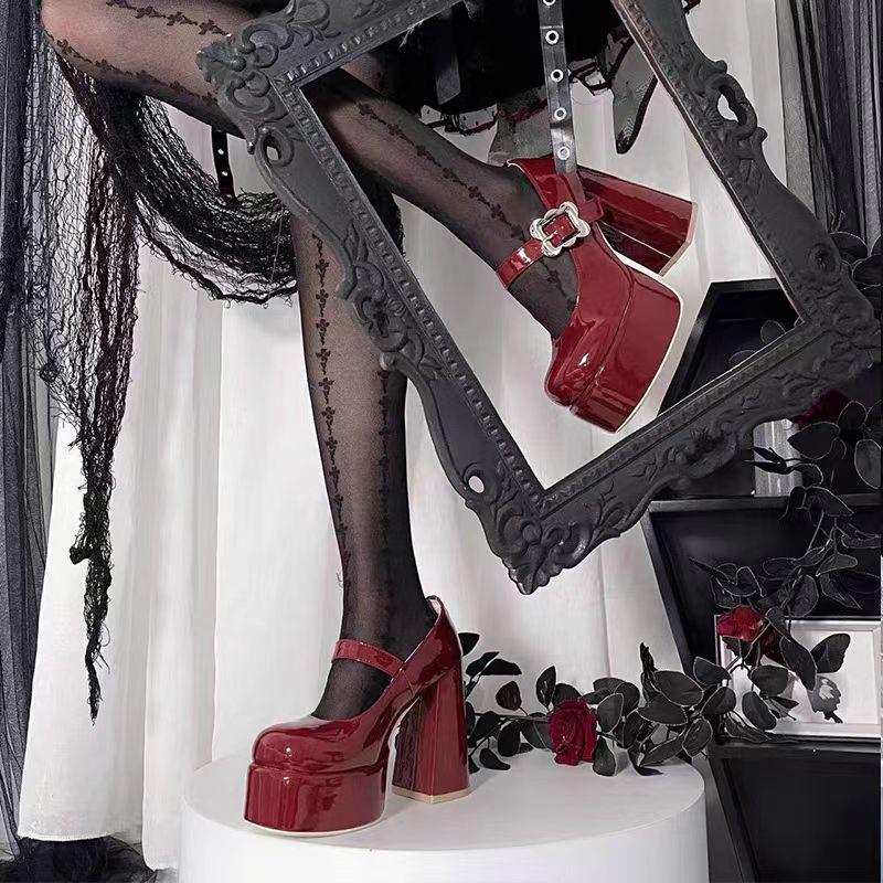 Punk Gothic High Heels Pumps Women 2024 Chunky Platform Mary Jane Lolita Shoes Woman Square Heels Patent Leather Cosplay Shoes