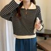 Топ женский осенний полосатый пуловер с половиной молнии с v-образным вырезом и длинными рукавами, свитер, свободные повседневные универсальные топы