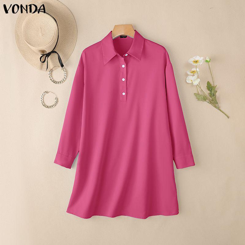 VONDA Женское повседневное мини-платье-туника с лацканами, длинными рукавами и застежкой на пуговицы