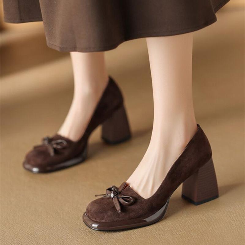 Новые туфли Мэри Джейн на высоком каблуке в стиле ретро, женские туфли из искусственной замши на толстом каблуке, дизайнерские туфли-мюли на платформе для женщин с бантом, модные офисные туфли для работы