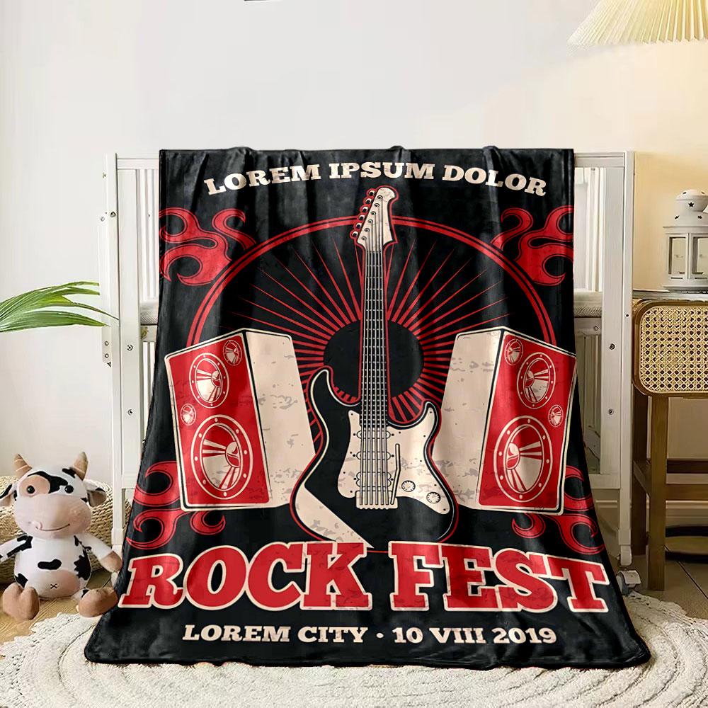 A central guitar with speakers, flame motifs, and bold red-black tones. for all seasons blanket lunch break throw gift