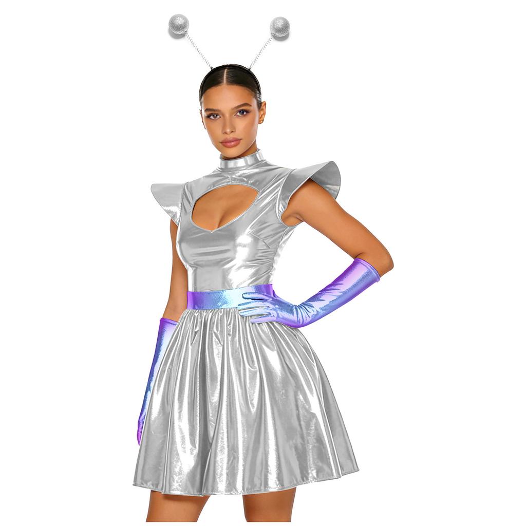 Adult Women Silver Astronaut Costume Alien Tutu Dress Suit Space Cadet Leotards Dress for Halloween Cosplay Theme Party Dress-up