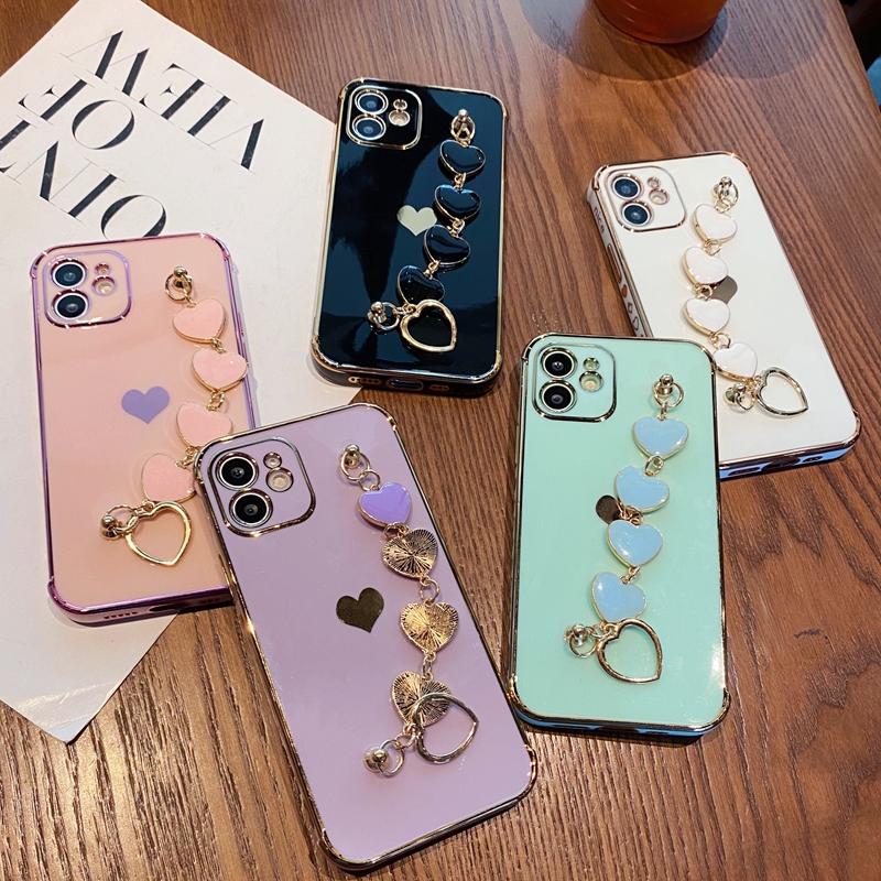 Мягкий браслет с сердечком, чехол для телефона iPhone 11 12 13 14 Pro Max XS X XR 7 8 Plus Mini SE, гальванический бампер, задняя крышка