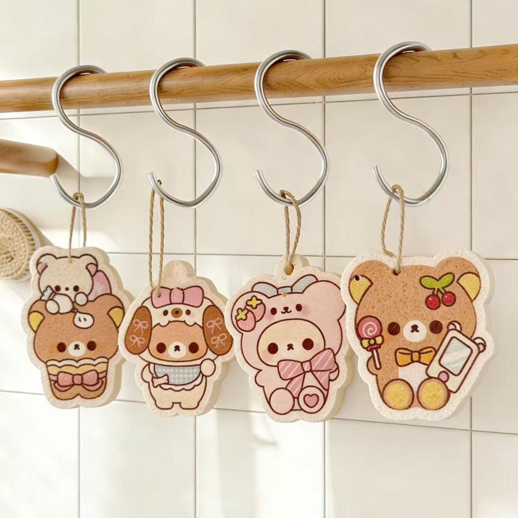 Rilakkuma Cartoon Dishwashing Sponge - Compressed Wood Pulp Cotton Scrubber