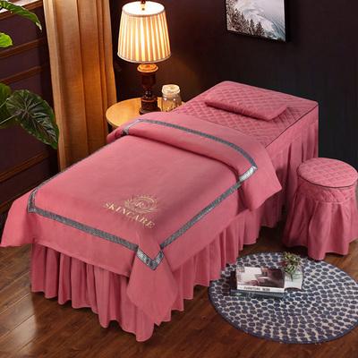 4 Piece Beauty Salon Bedding Set With Embroidered Bed Skirt Pillowcase Stool Cover And Duvet Cover For Massage Spa