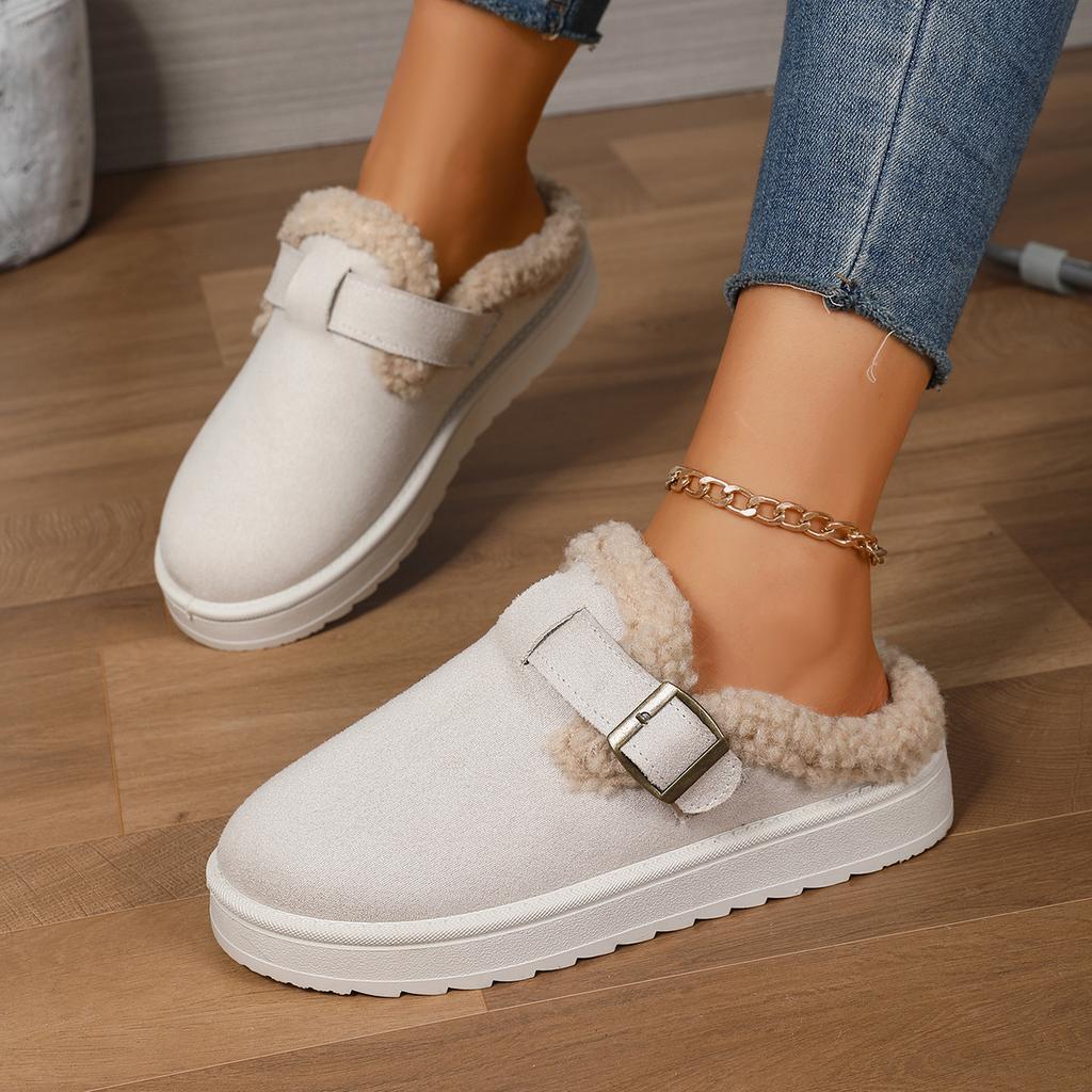 Модные женские коричневые замшевые мюли с закрытым носком, на подкладке, с ремешком на пряжке, на платформе, зимние, теплые, удобные, повседневные, слипоны для женщин