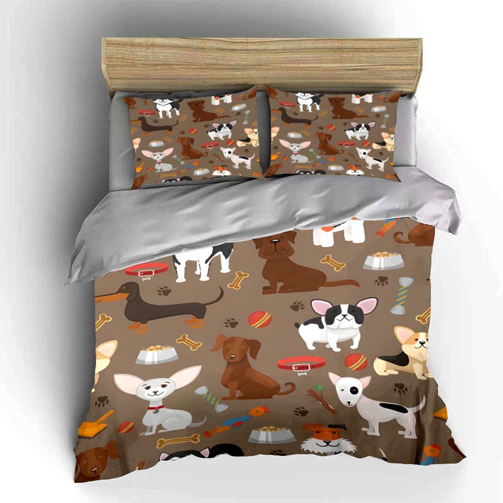 3Pcs Cute Dog Bedding Set, All-Over Cartoon Puppies Pattern Print Duvet Cover + 2 Pillowcases, Pet Lover Decor