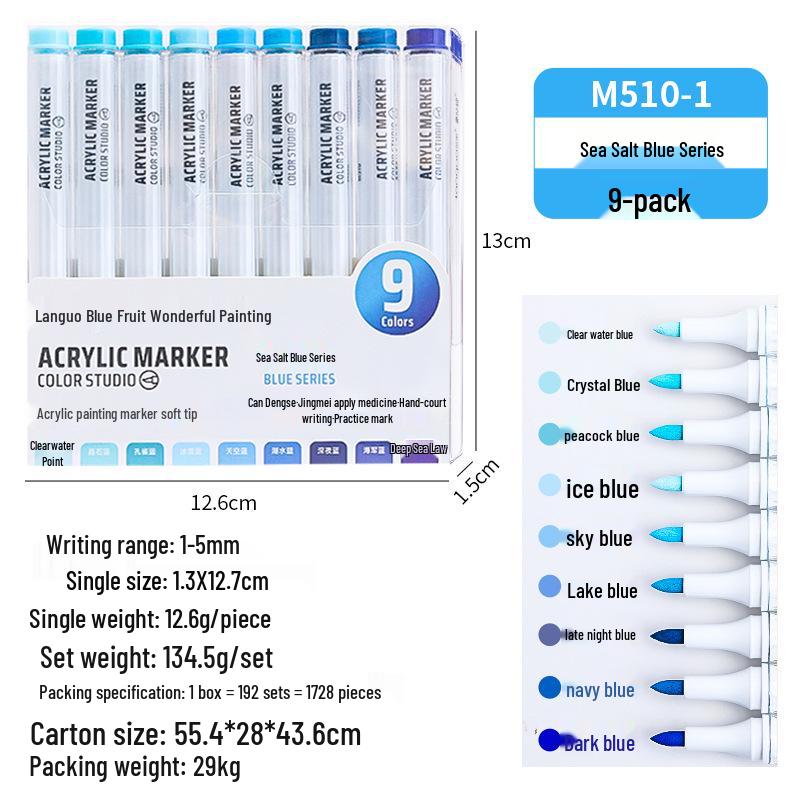 Blue Fruit M510 Soft Head Acrylic Marker Pen Set - 9 Colors for Art, Painting, and Graffiti