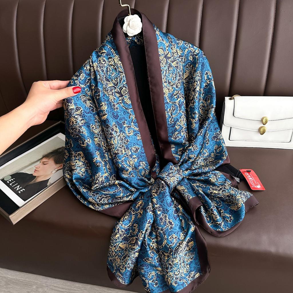 Long Silk Scarf Spring and Summer Thin Style Printed Scarf Beautiful Brocade Lotus Shawl Imitation Silk Scarf Gauze Scarf