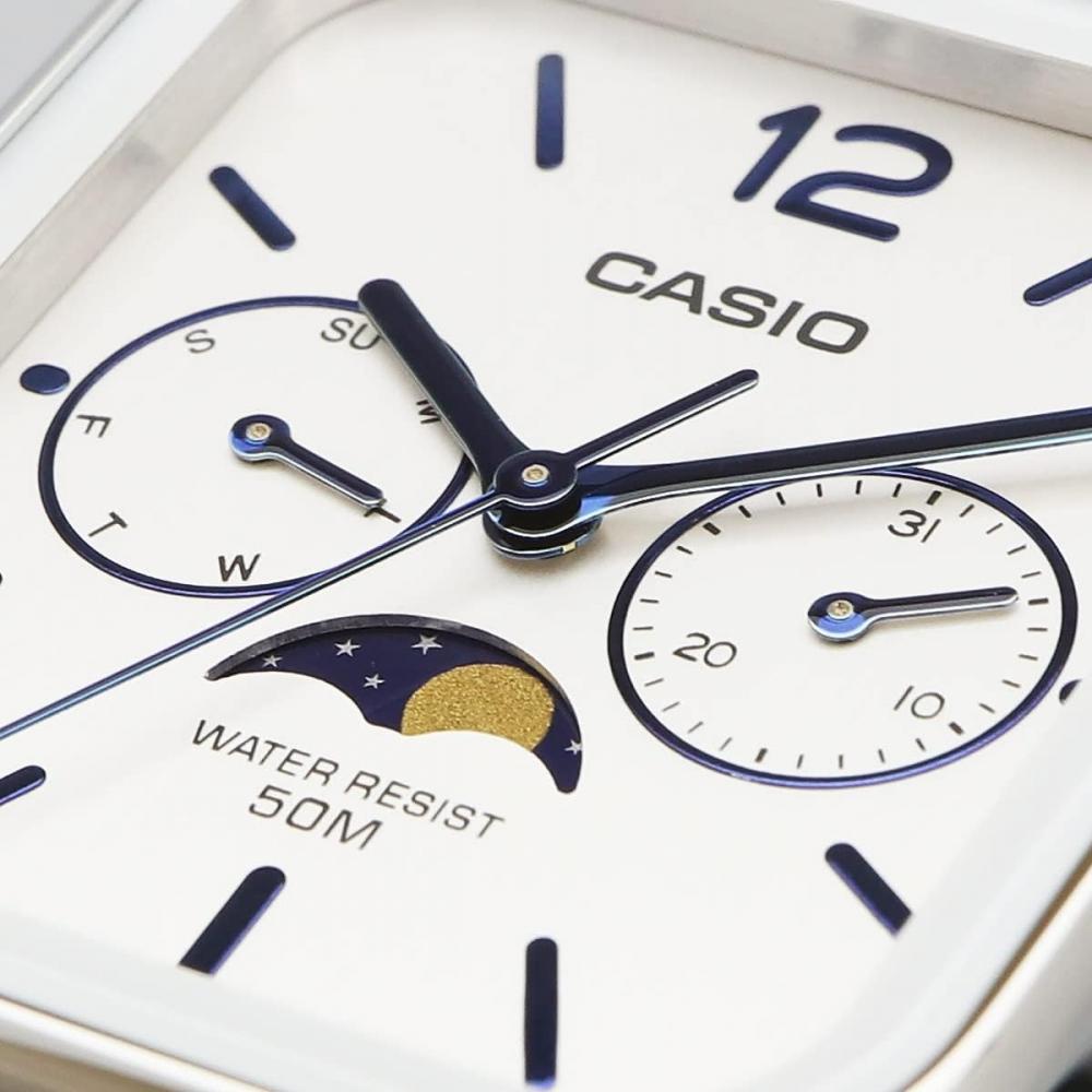 CaSio Men S Analog Moon phaSe Watch Metal Band Silver Mtp M305d 7av