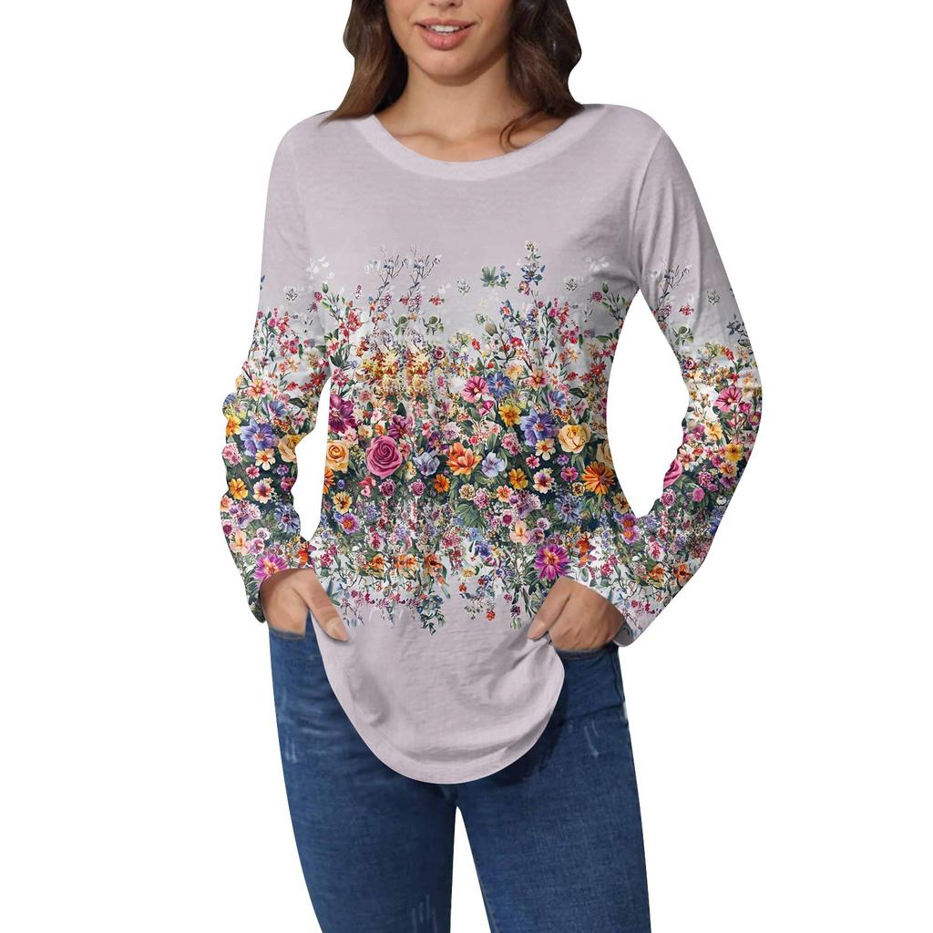 Рубашки для женщин Милые винтажные узоры с принтом Футболка с длинным рукавом Туника Топы Хлопковые пуловеры