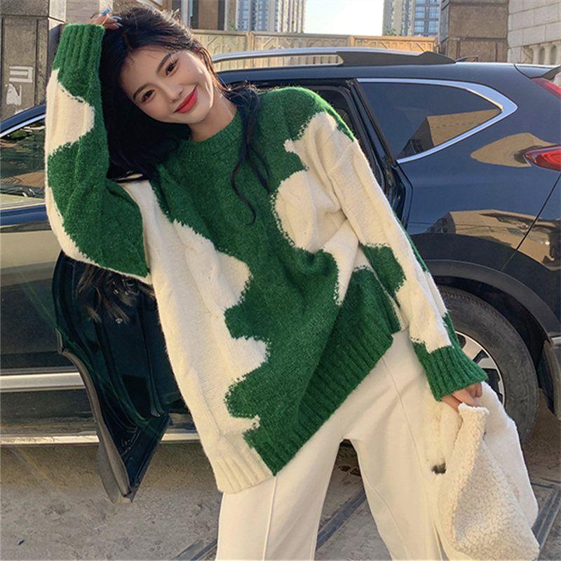 Свитер женский осенне-зимний, томный стиль, ретро контрастный пуловер с граффити, трикотаж, свободный топ