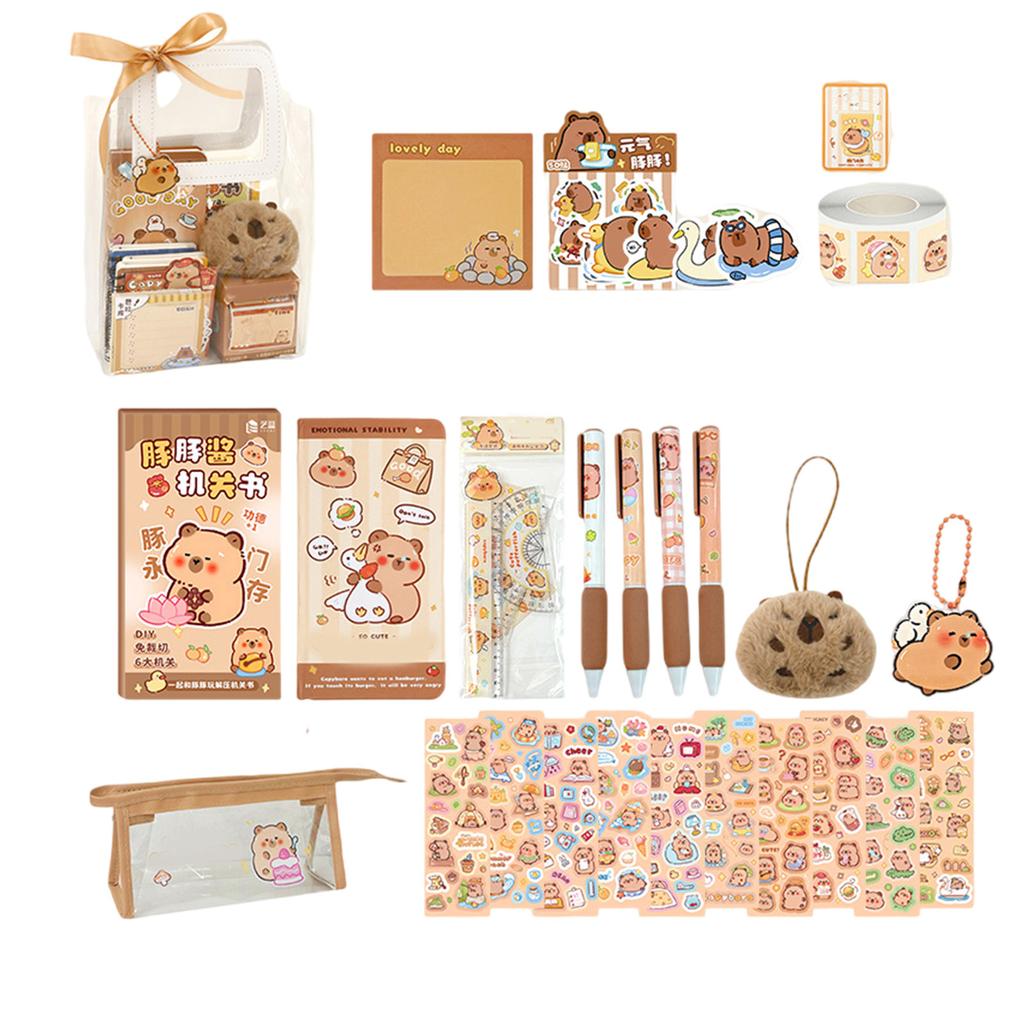 Канцелярские принадлежности для школы и студенчества включают в себя блокнот, бумагу для заметок, шариковую ручку, закладки, пенал, наклейку, линейку, брелок