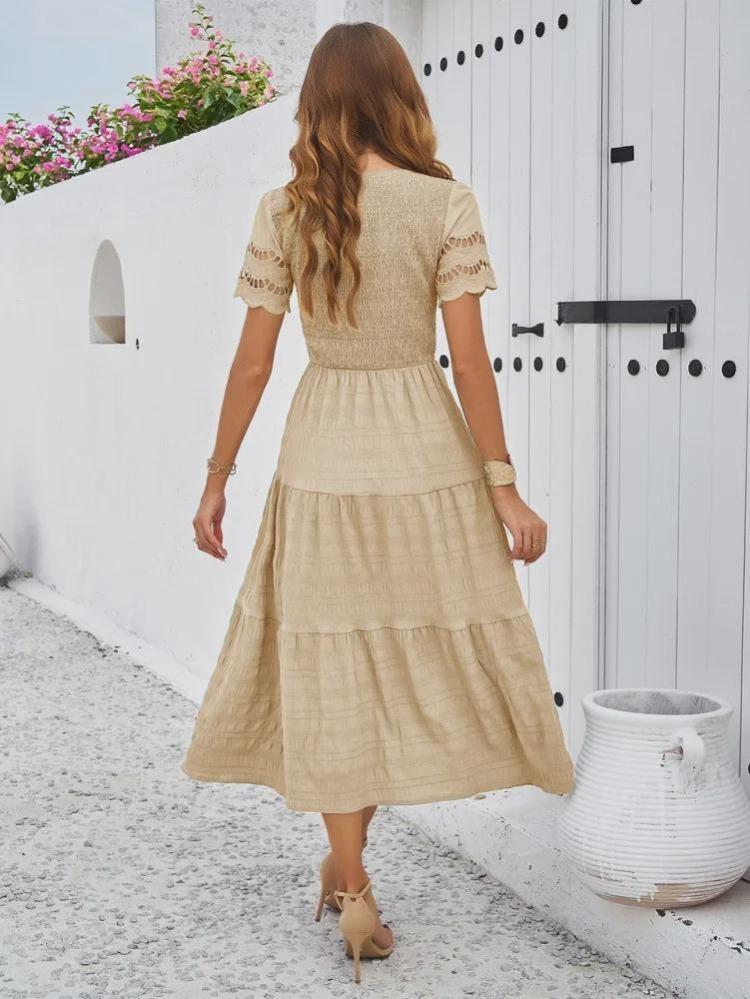 Весна Лето 2024 Женское платье с V-образным вырезом, коротким рукавом, однотонное, в европейско-американском стиле, Diyun