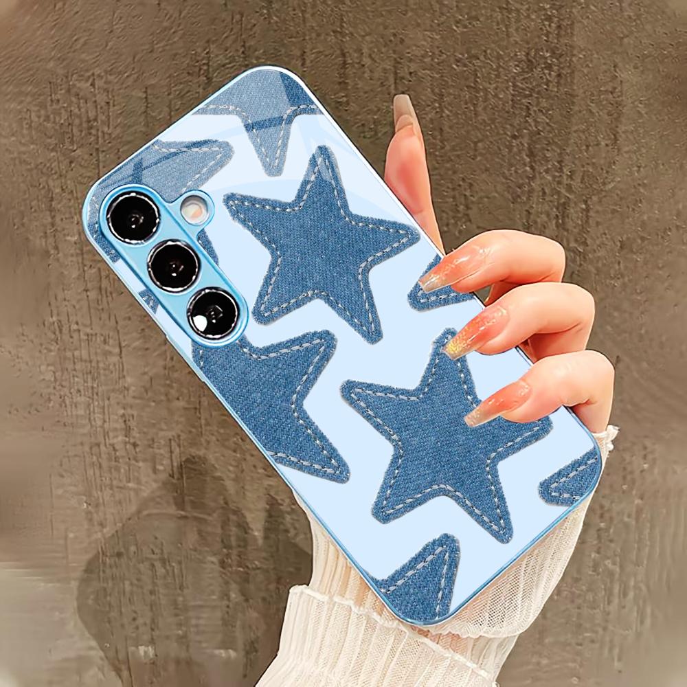 Привлекательный синий чехол со звездами для Samsung Galaxy S26 S25 S24 S23 S22 FE Ultra Plus Встроенное стекло ощущение голого телефона Мужчины женщины