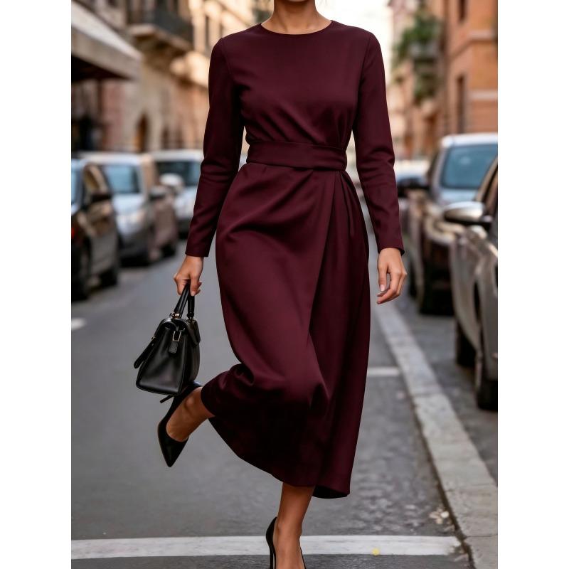 HNXC Women's Fashion Long Sleeve Autumn Winter O-Neck Solid Color Print Casual Dresses Classic Exquisite