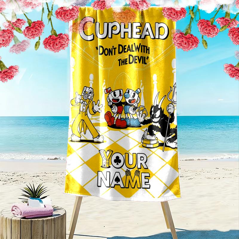 Name Custom Cuphead Print Beach Towel, Large Soft Quick Dry Towel for Beach Camping Swimming