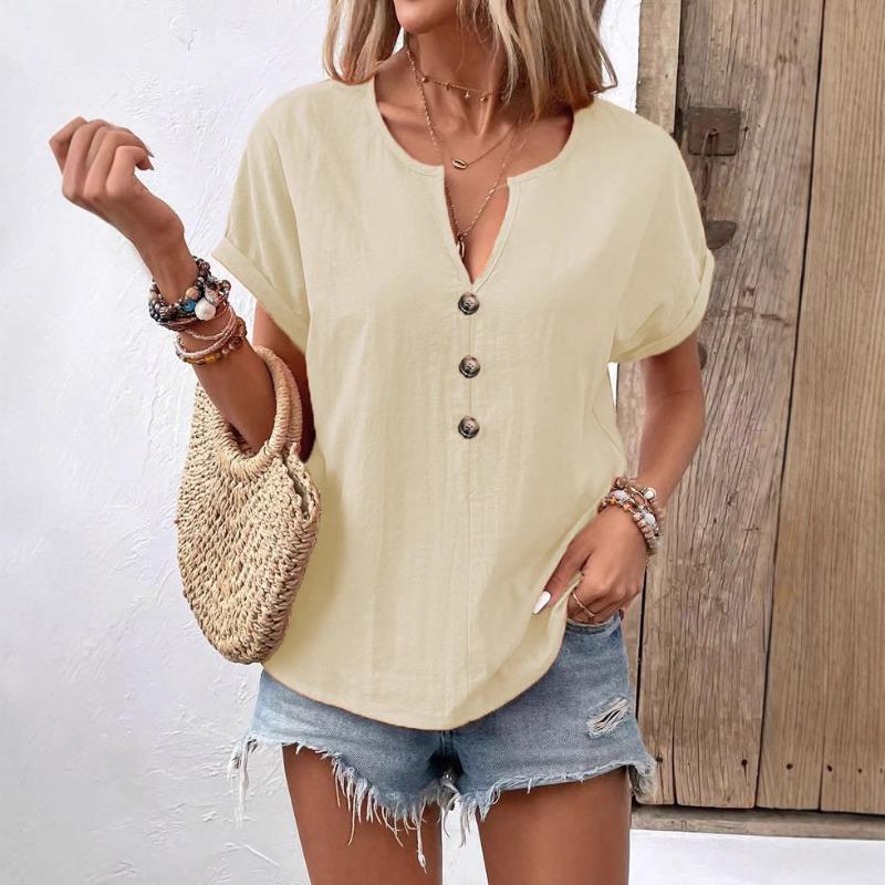 women v neck linen blend t shirt short sleeve button detail casual top