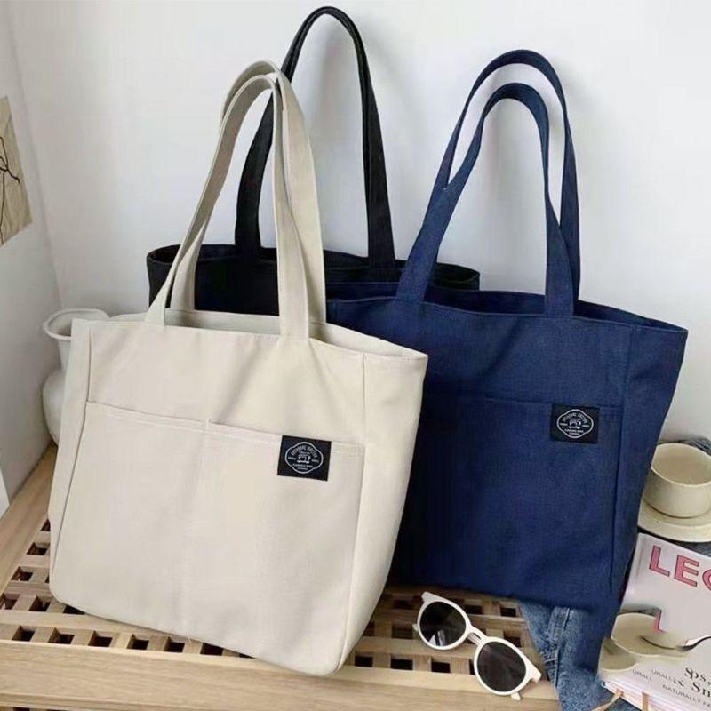 Женская Холщовая Сумка Сплошной Цвет Дизайнерская Женская Повседневная Сумка Сумка Большой Вместимости Хлопковая Многоразовая Пляжная Сумка Для Покупок