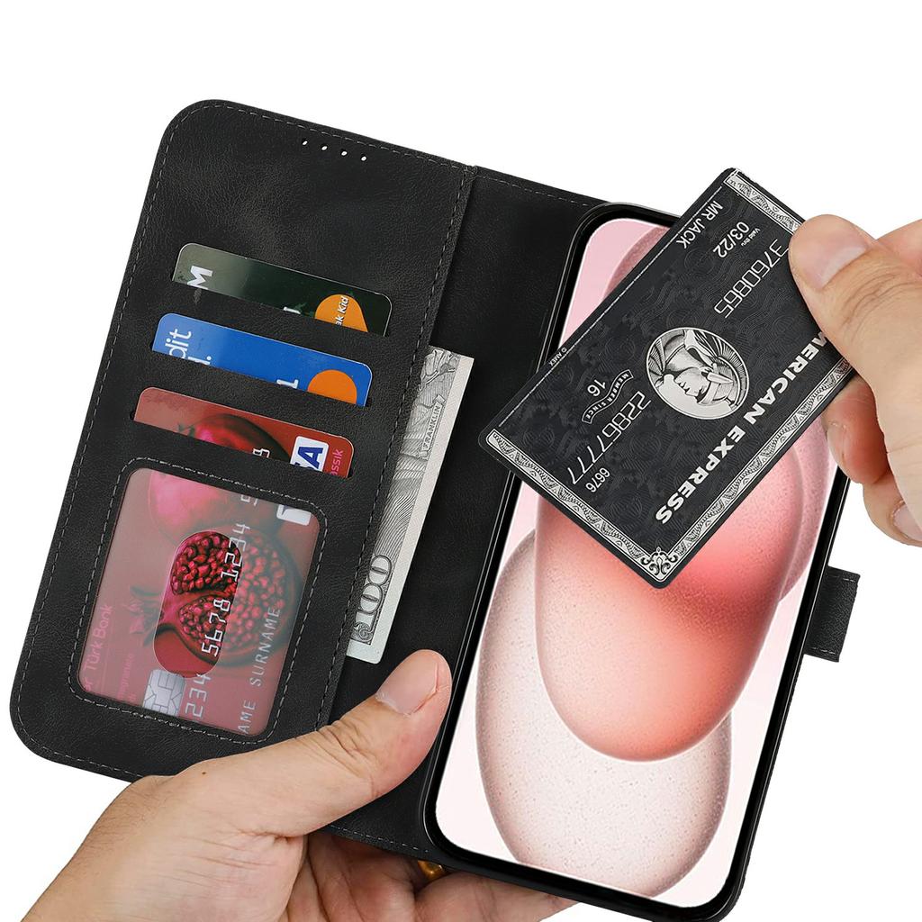 For iPhone 15 Wallet Case Double Folded Edge Skin Touch PU Leather Flip Phone Cover