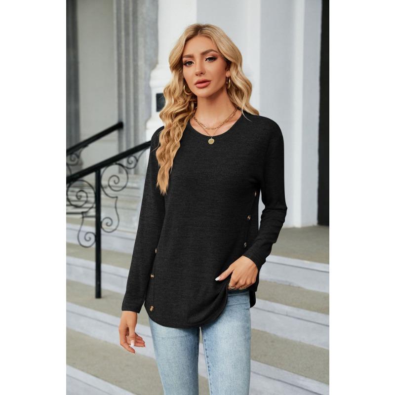 YYFS Women's Fashion Casual Spring Fall Solid Color Print Long Sleeve O-Neck Blouses & Shirts